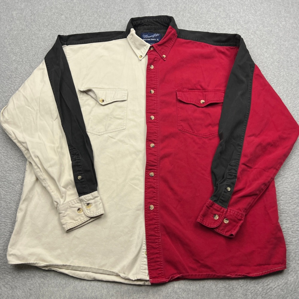Wrangler Western Shirt Mens XL Red Cream Black Colorblock Long Sleeve Button Up